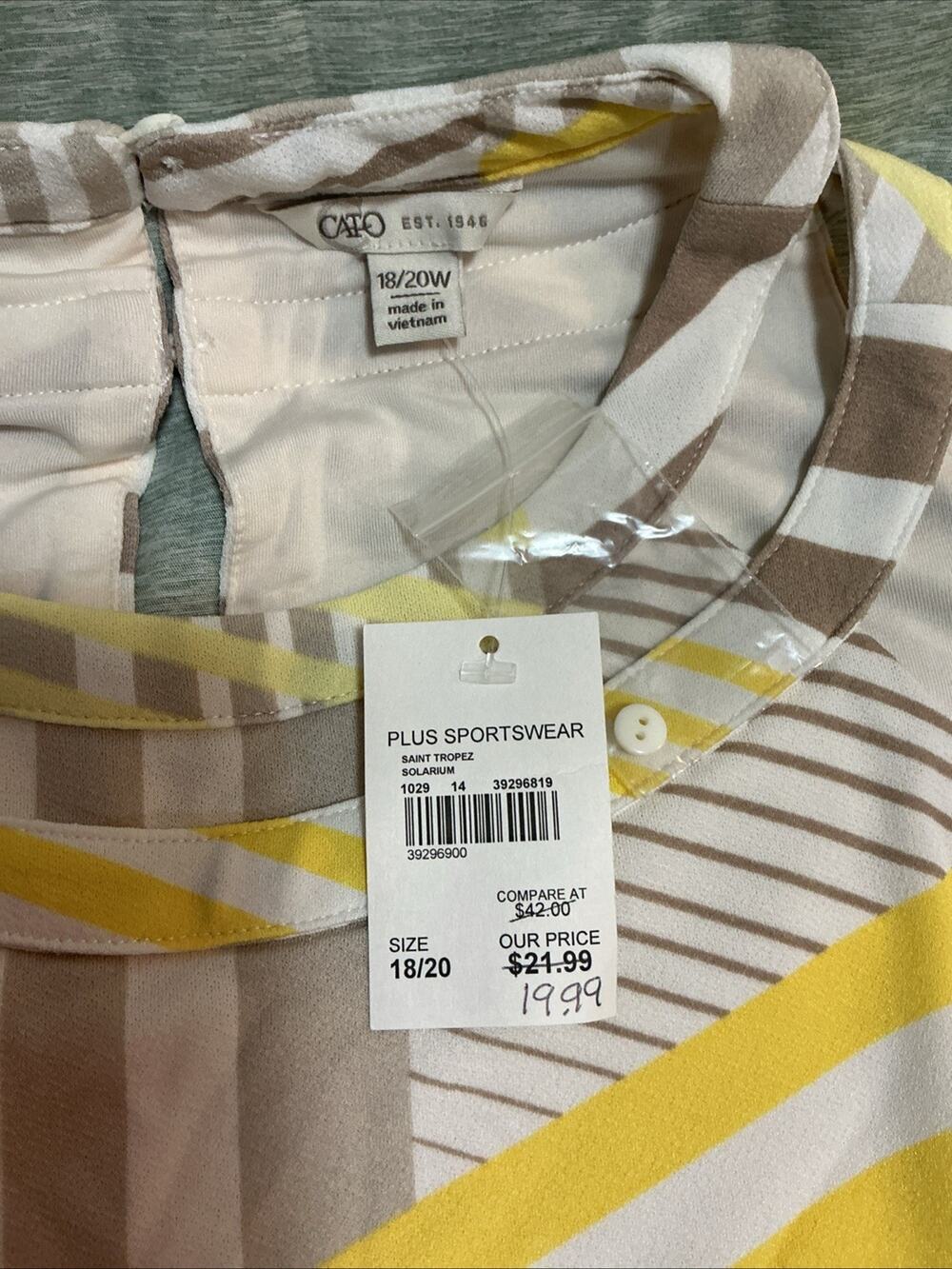 Cato Women’s Yellow Gray And White Tank Top Blouse Sz 18/20W NWT 3559